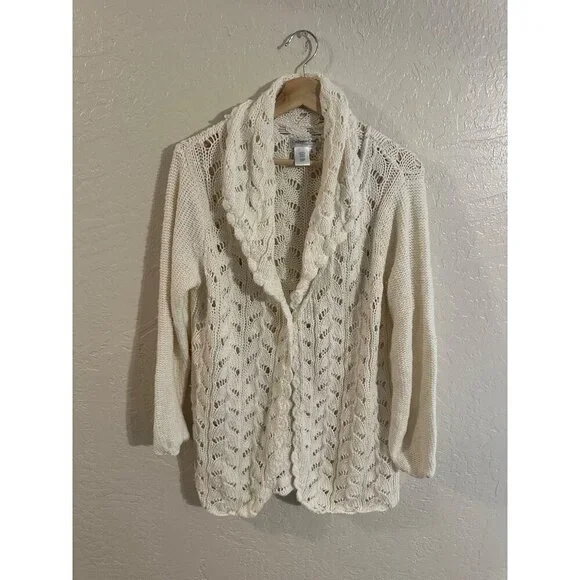Y Coldwater Creek Cream Ramie & Cotton Chunky Knit Fisherman Cardigan - Picture 1 of 11